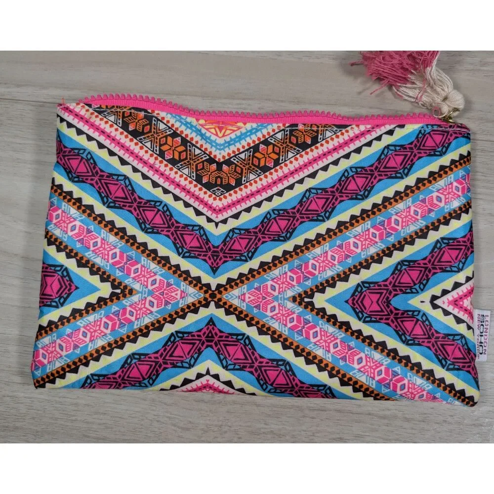 London Soho Co Cosmetic Bag Tribal Pattern Zip Pouch Tassel Makeup Bag